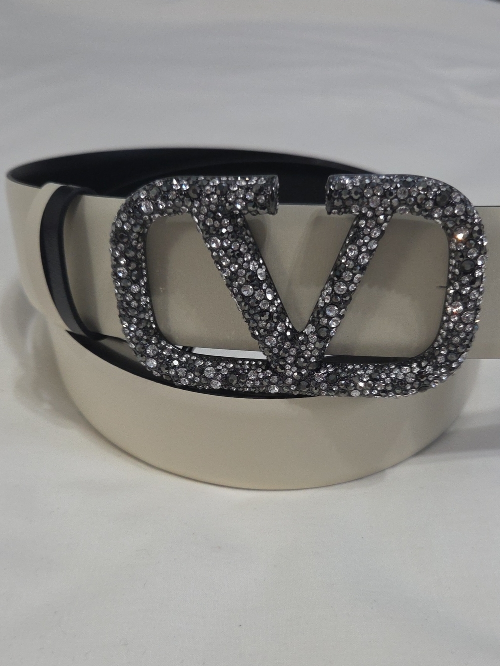 Valentino Black White Leather Belt Crystal-Embellished V Buckle